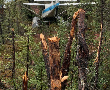 Photograph 1 – Aft view of accident airplane at accident site., from the NTSB investigation of Stinson 108-3 accident near Lime Village, Alaska, September 14, 2024