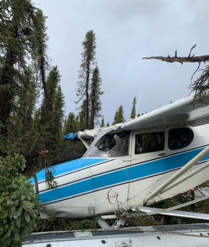 Photograph 3 – Left side of accident airplane at accident site, from the NTSB investigation of Stinson 108-3 accident near Lime Village, Alaska, September 14, 2024