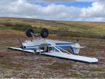 Photograph 1 – Image of the accident airplane at the accident site, from the NTSB investigation of Piper PA-18-150 accident near Skwentna, Alaska, September 15, 2024