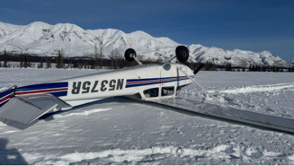 Photograph 1 – Accident airplane inverted, from the NTSB investigation of Cessna 172 accident near Cantwell, Alaska, March 10, 2025