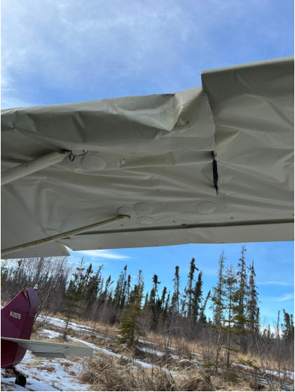 Photograph 2 – Damage to left wing, from the NTSB investigation of Aeronca 7CCM accident near Kenai, Alaska, March 20, 2025