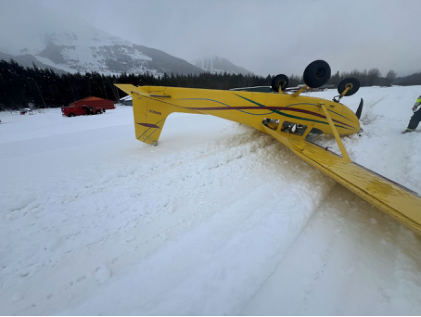 Photograph 2 – Accident airplane at accident site, from the NTSB investigation of Cessna 182B accident near Girdwood, Alaska, April 12, 2025