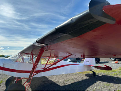 Photograph 2 – View of damage to left leading edge., from the NTSB investigation of Piper PA-18A 150 accident near Susitna, Alaska, May 23, 2025