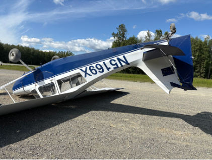 Photograph 2 – View of accident airplane at accident site, from the NTSB investigation of Champion 7ECA accident near Wasilla, Alaska, July 2, 2025
