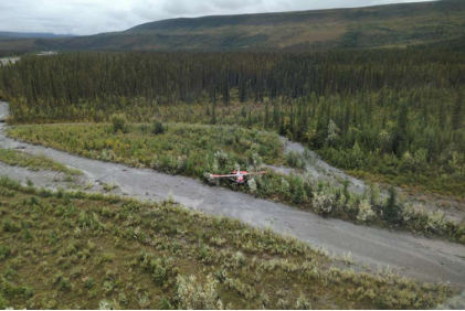 Photograph 2 – Aerial view of accident airplane, from the NTSB investigation of Cessna 180G accident near Delta Junction, Alaska, August 19, 2025