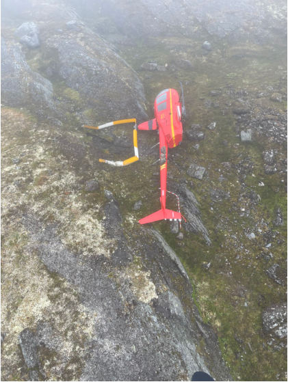 Photograph 1 – Accident helicopter at accident site, from the NTSB investigation of Robinson Helicopter Company R44 II accident near Petersville, Alaska, August 29, 2025