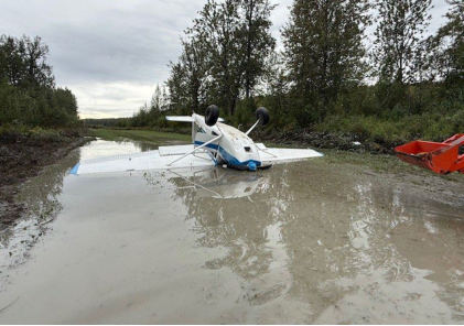 Photograph 1 – Front view of the accident airplane and condition of the runway, from the NTSB investigation of Cessna 180 accident near Willow, Alaska, September 1, 2025