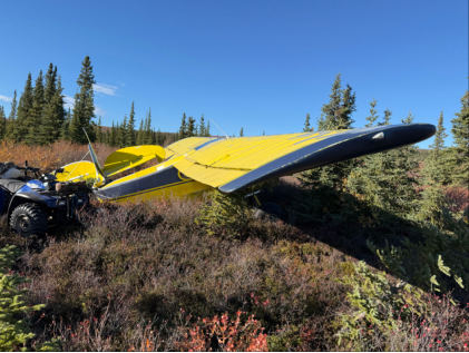 Photograph 1 – Accident airplane at accident site, from the NTSB investigation of Piper PA-18-150 accident near Delta Junction, Alaska, September 17, 2025