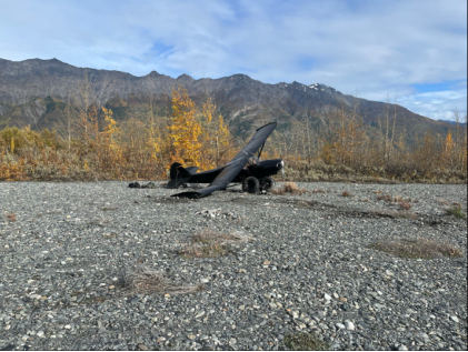 Photograph 1 – Image of accident airplane at accident site, from the NTSB investigation of Amateur-built SUPA accident near Palmer, Alaska, September 19, 2025