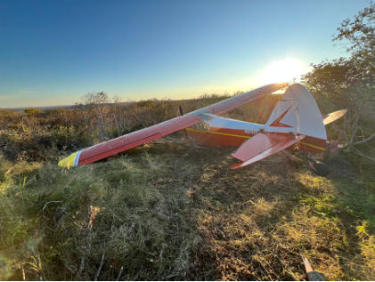 Photograph 2 – Accident airplane at accident site, from the NTSB investigation of Piper PA-18-150 accident near St Mary'S, Alaska, September 14, 2025