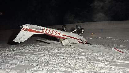 Photograph 1 – Accident airplane at accident site, from the NTSB investigation of Cessna 150K accident near Anchorage, Alaska, January 25, 2026