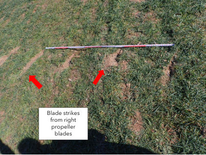 Photograph 2 – Blade strikes Blade strikes from right propeller blades, from the NTSB investigation of Cessna 310R accident near Poolville, Texas, January 14, 2024