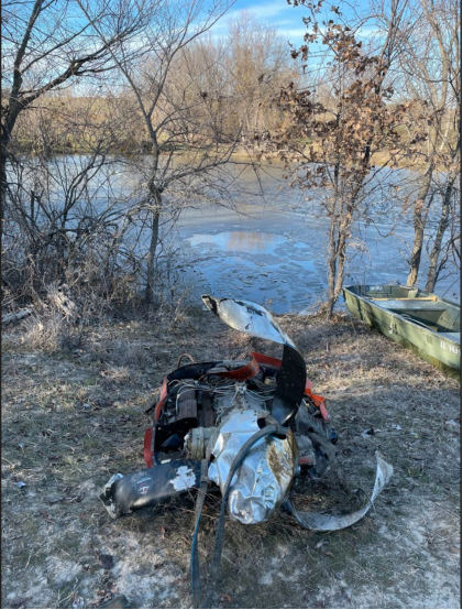 Photograph 8 – Left engine and left propeller, from the NTSB investigation of Cessna 310R accident near Poolville, Texas, January 14, 2024