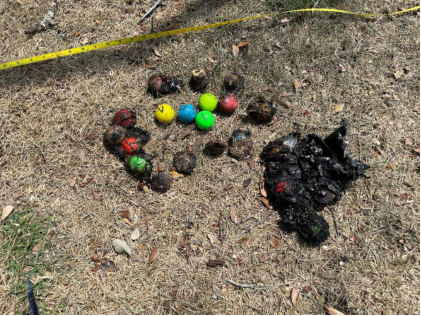 Photograph 8 – View of various golf balls at the accident site, from the NTSB investigation of Vertical Aviation Technologies Hummingbird accident near Spring Branch, Texas, April 29, 2024