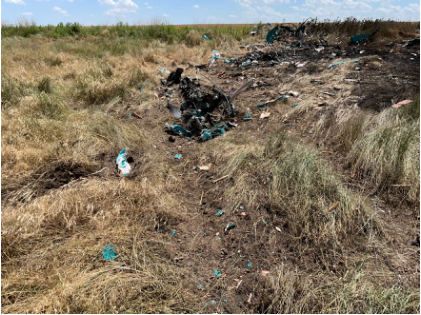 Photograph 3 – Right Wing Tips Ground Scar & Forward Fuselage, from the NTSB investigation of Waco YKC accident near Selden, Kansas, June 30, 2024