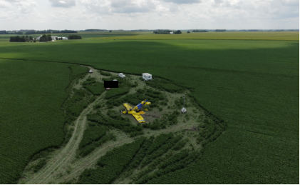 Photograph 1 – Aerial view of accident site, from the NTSB investigation of Air Tractor INC AT-602 accident near Oxford, Indiana, July 22, 2024