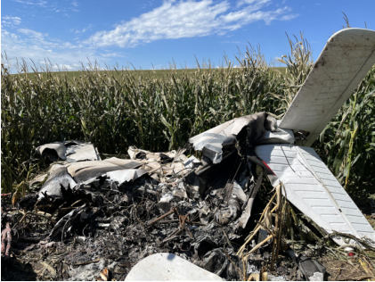 Photograph 1 – Main wreckage, from the NTSB investigation of Piper PA-28-140 accident near Wayne, Nebraska, August 26, 2024