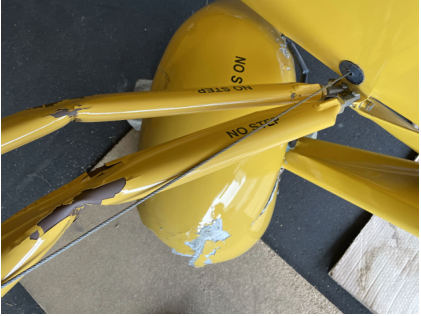 Photograph 3 – Top Down View Of Right Wing Lift Struts, from the NTSB investigation of Piper J3C accident near Buffalo, Minnesota, November 17, 2023