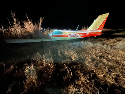 Photograph 1 – Airplane at accident site viewed from left rear, from the NTSB investigation of Piper PA-24-260 accident near Anthony, Kansas, December 12, 2023