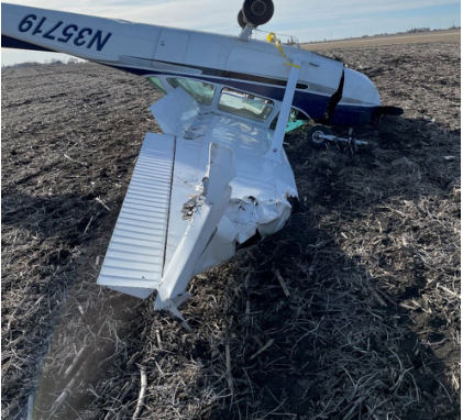 Photograph 1 – View of the left side of the airplane, from the NTSB investigation of Cessna 172 accident near Clarion, Iowa, February 26, 2024