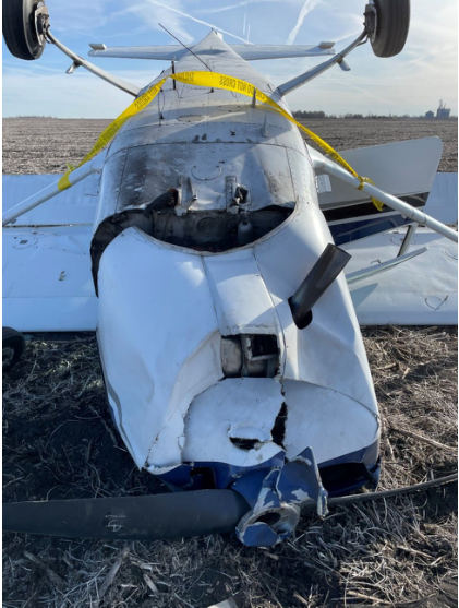 Photograph 2 – View of the front of the airplane, from the NTSB investigation of Cessna 172 accident near Clarion, Iowa, February 26, 2024