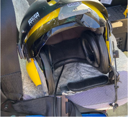Photograph 3 – Pilot’s Helmet Damage, from the NTSB investigation of American Eurocopter CORP AS350B3 accident near Fort Morgan, Colorado, March 5, 2024