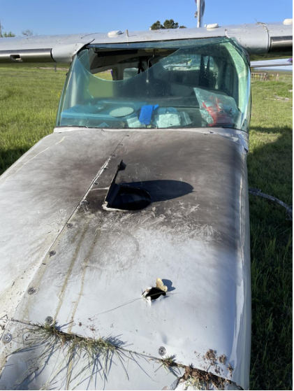 Photograph 3 – Cowling damage, from the NTSB investigation of Cessna T210 accident near San Saba, Texas, March 25, 2024