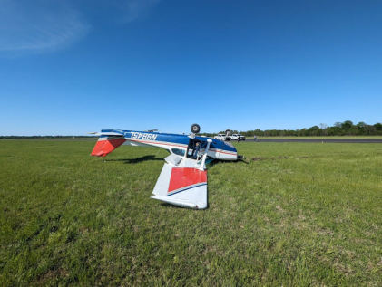 Photograph 1 – Deformation noted to the vertical stabilizer, from the NTSB investigation of Cessna 172P accident near Monroe, Louisiana, April 12, 2024