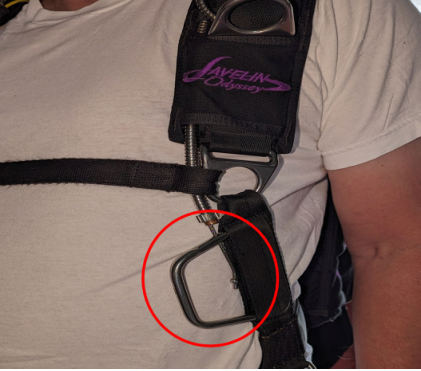 Photograph 3 – Reserve parachute with D-Ring handle, circled in red, from the NTSB investigation of Cessna U206 accident near Butler, Missouri, May 25, 2024