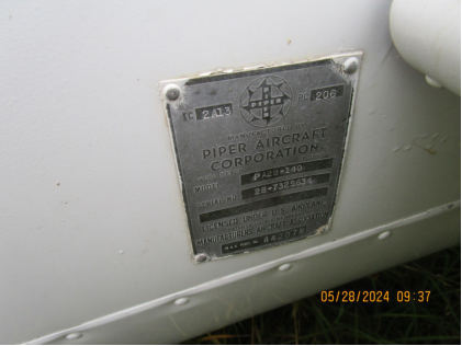Photograph 2 – Airplane dataplate, from the NTSB investigation of Piper PA28 accident near Taylor, Texas, May 27, 2024