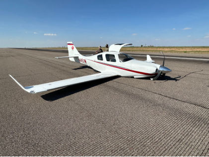 Photograph 1 – View of airplane as it came to rest, from the NTSB investigation of American Air Racing INC LANCAIR IVP accident near Midland, Texas, June 29, 2024