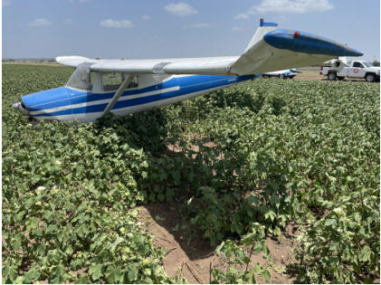 Photo 2 – Airplane at accident site, left, from the NTSB investigation of Cessna 150F accident near Castroville, Texas, July 31, 2024