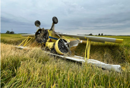 Photograph 1 – Damage Overview, from the NTSB investigation of Grumman G164 accident near Dyess, Arkansas, August 9, 2024