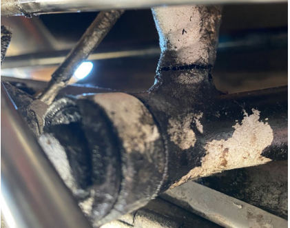 Photograph 2 – View of the engine mount installed in the airplane, from the NTSB investigation of Piper PA-28R accident near Crystal, Minnesota, September 5, 2024