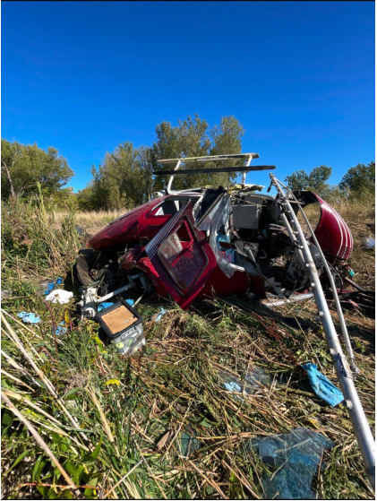 Photograph 1 – Damage Overview, from the NTSB investigation of Bell 206 accident near Lexington, Nebraska, September 25, 2024