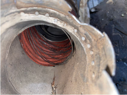 Photograph 7 – Collapsed and degraded scat duct, from the NTSB investigation of Piper PA-32R-301 accident near Van, Texas, October 17, 2024