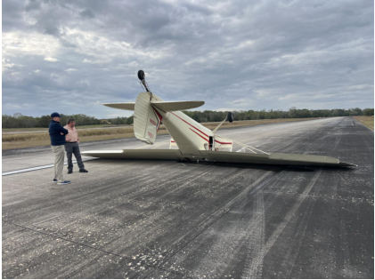 Photo 1 – Airplane at accident site, from the NTSB investigation of Cessna 140 accident near Pearland, Texas, November 30, 2024