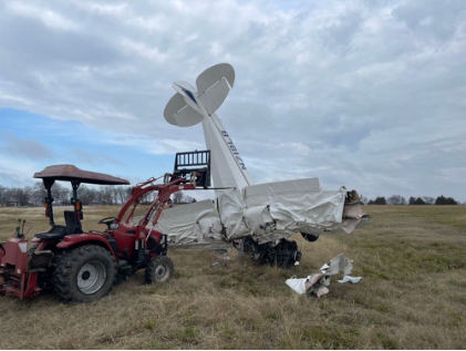 Photograph 1 – Accident airplane being recovered, from the NTSB investigation of Amateur-built Cub accident near Parsons, Kansas, December 28, 2024