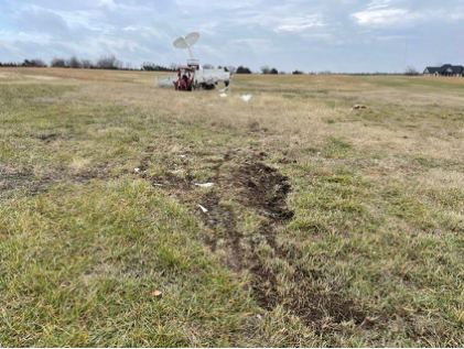 Photograph 2 – Ground scars, from the NTSB investigation of Amateur-built Cub accident near Parsons, Kansas, December 28, 2024