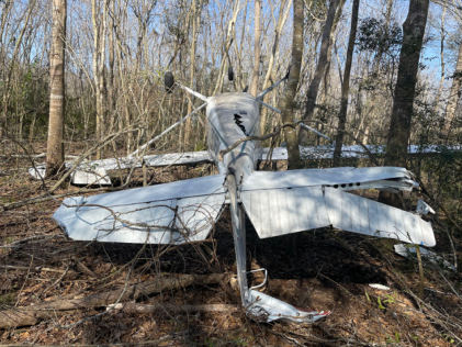 Photograph 1 – Substantially Damaged Airplane, from the NTSB investigation of Cessna 172N accident near Pearland, Texas, February 17, 2025