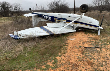 Photograph 1 – Accident Overview, from the NTSB investigation of Cessna 180 accident near Breckenridge, Texas, February 17, 2025
