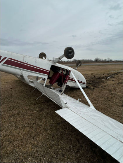 Photograph 1 – A left side view of the airplane, from the NTSB investigation of Cessna 172L accident near Romeo, Michigan, March 7, 2025
