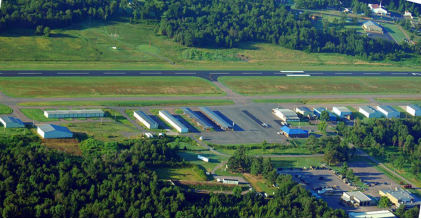 Photograph 2 – Aerial view of the accident airport, looking to the south, from the NTSB investigation of Taylorcraft BC12 accident near Russellville, Arkansas, March 22, 2025