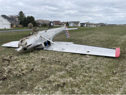Photograph 1 – Airplane at Accident Site, Right, from the NTSB investigation of Cessna 150F accident near Zeeland, Michigan, April 8, 2025
