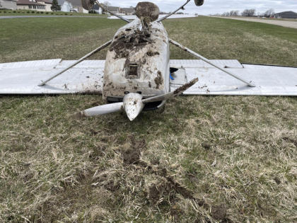 Photograph 2 – Airplane at Accident Site, Front, from the NTSB investigation of Cessna 150F accident near Zeeland, Michigan, April 8, 2025