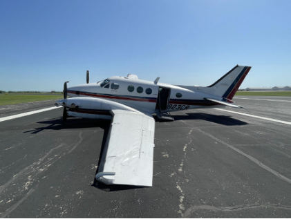 Photograph 1 – Left view of airplane, from the NTSB investigation of Beech C90 accident near Temple, Texas, April 10, 2025
