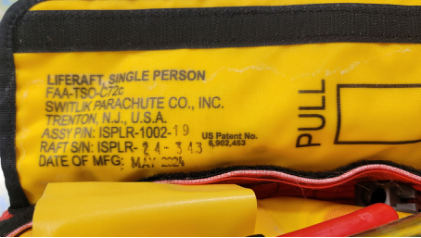 Photograph 7 – Liferaft Information, from the NTSB investigation of Air Tractor AT802 accident near Atlantic Ocean, Ca, April 29, 2025