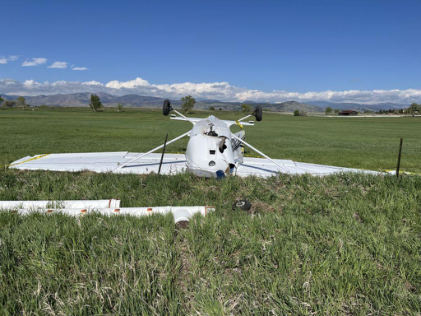 Photograph 1 – Airplane at the Accident Site (FAA Photo), from the NTSB investigation of Cessna 172N accident near Longmont, Colorado, May 4, 2025
