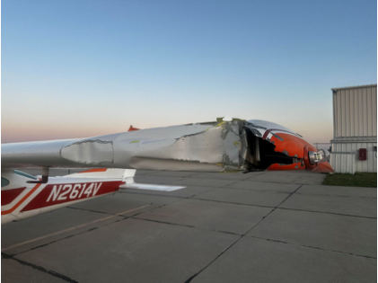 Photograph 1 – Damaged left wing, from the NTSB investigation of Cessna 177RG accident near Wahoo, Nebraska, May 16, 2025