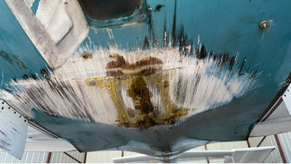 Photograph 1 – Accident airplane abrasion damage, from the NTSB investigation of Amateur-built 235 accident near Pawhuska, Oklahoma, June 7, 2025